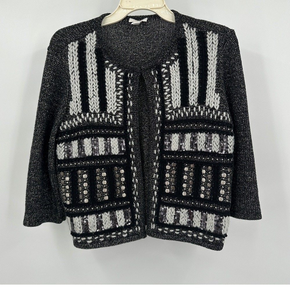 Chicos Womens Boho Open Front Cardigan Jacket‎ Size 1 US M Art Deco Beaded